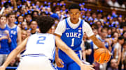 Oct 3, 2025; Durham, NC, USA; Duke Blue Devils guard Caleb Foster (1) dribbles the ball during the Countdown to Craziness at the Cameron Indoor Stadium. Mandatory Credit: Jaylynn Nash-Imagn Images