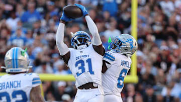 Detroit Lions safety Kerby Joseph (31) intercepts a pass during the second quarter against the Cincinnati Bengals 