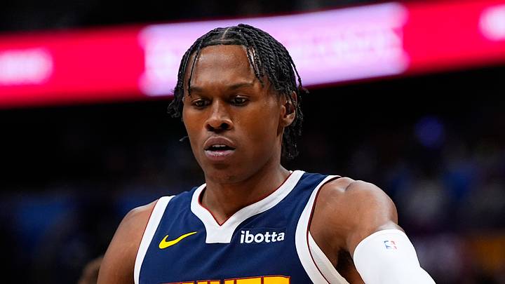 Denver Nuggets guard Peyton Watson (8) reacts during a timeout in the first quarter against the Atlanta Hawks at Ball Arena on January 9, 2026.