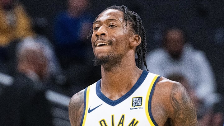 Indiana Pacers guard Quenton Jackson (29) celebrates in the OT against the Charlotte Hornets at Gainbridge Fieldhouse.