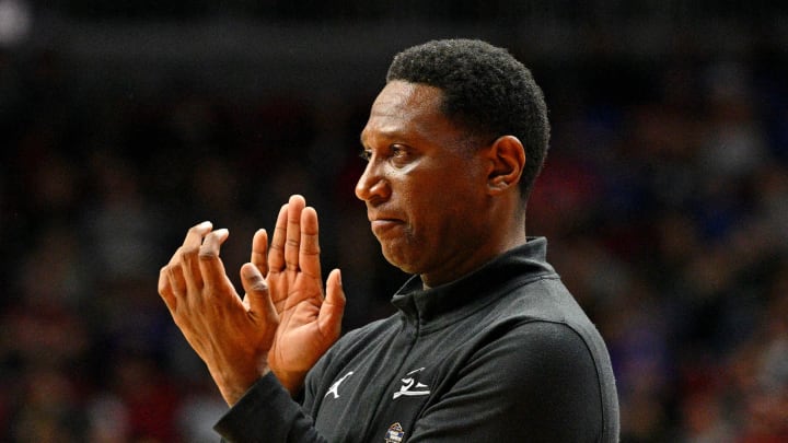 Mar 16, 2023; Des Moines, IA, USA; Howard Bison head coach Kenny Blakeney reacts after a play against the Kansas Jayhawks during the first half at Wells Fargo Arena. Mandatory Credit: Jeffrey Becker-USA TODAY Sports