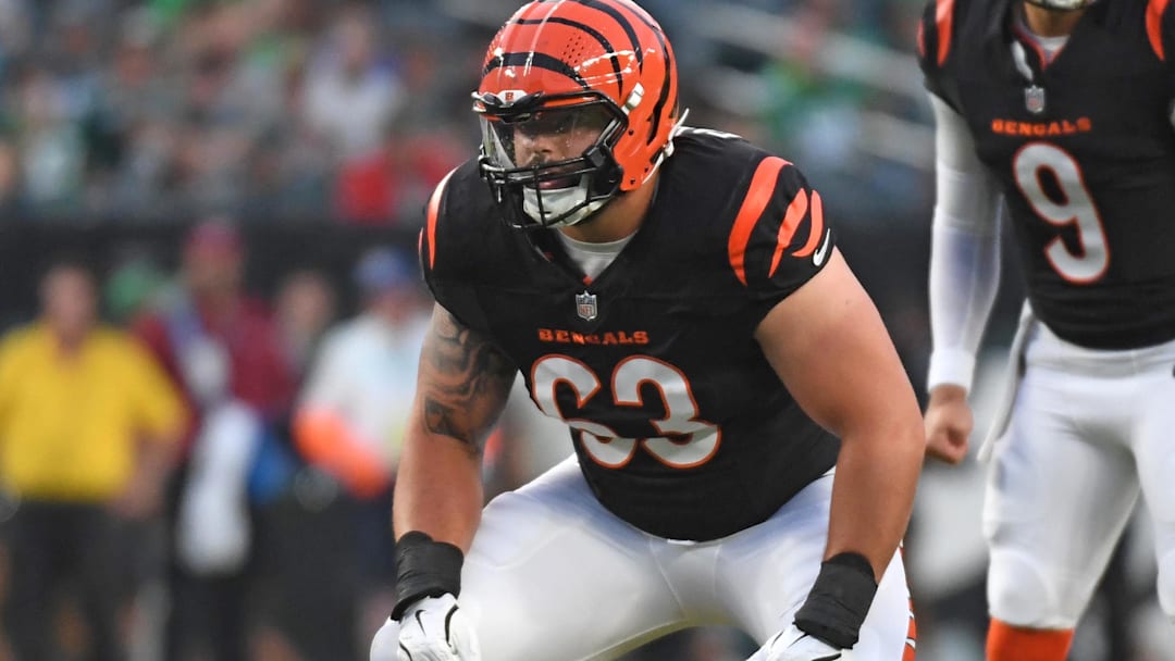 Aug 7, 2025; Philadelphia, Pennsylvania, USA; Cincinnati Bengals guard Dylan Fairchild (63) against the Philadelphia Eagles at Lincoln Financial Field. Mandatory Credit: Eric Hartline-Imagn Images