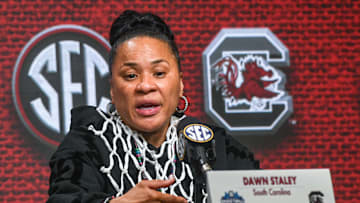 South Carolina Coach Dawn Staley talks with media after USC beat LSU for the SEC Women's Basketball Tournament Championship at the Bon Secours Wellness Arena in Greenville, S.C. Sunday, March 10, 2024.