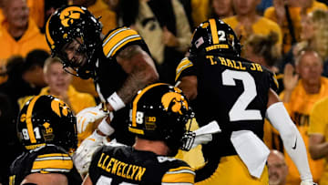 Iowa Hawkeyes defensive back Xavier Nwankpa (1) celebrates with Iowa Hawkeyes defensive back TJ Hall (2) after intercepting a pass during a college football game against the Penn State Nittany Lions Oct. 18, 2025 at Kinnick Stadium in Iowa City, Iowa.
