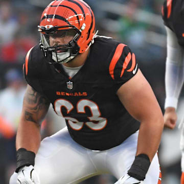 Aug 7, 2025; Philadelphia, Pennsylvania, USA; Cincinnati Bengals guard Dylan Fairchild (63) against the Philadelphia Eagles at Lincoln Financial Field. Mandatory Credit: Eric Hartline-Imagn Images