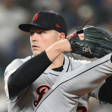 Oct 10, 2025; Seattle, Washington, USA; Detroit Tigers starting pitcher Tarik Skubal (29) throws against the Seattle Mariners during the third inning during game five of the ALDS round for the 2025 MLB playoffs at T-Mobile Park. 