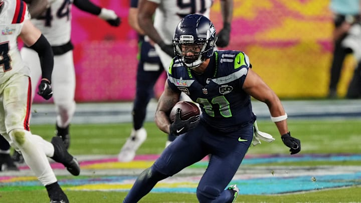 Feb 8, 2026; Santa Clara, CA, USA; Seattle Seahawks wide receiver Jaxon Smith-Njigba (11) runs the ball during the third quarter against the New England Patriots in Super Bowl LX at Levi's Stadium. Mandatory Credit: Cary Edmondson-Imagn Images