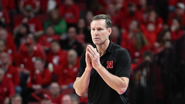 Mar 1, 2025; Lincoln, Nebraska, USA; Nebraska Cornhuskers head coach Fred Hoiberg watches actioin against the Minnesota Golden Gophers during the second half at Pinnacle Bank Arena. Mandatory Credit: Steven Branscombe-Imagn Images