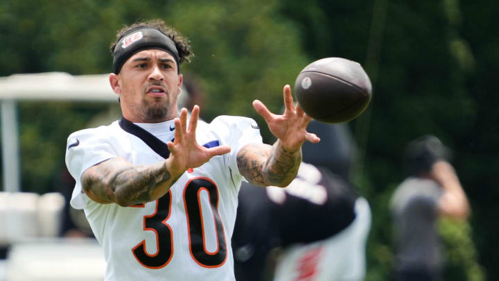 Bengals Chase Brown catches a pass during the second day of Bengals training camp on Thursday July 25, 2024.