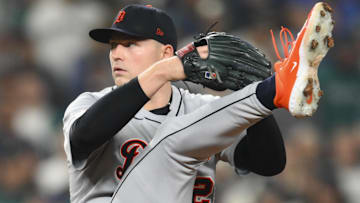 Oct 10, 2025; Seattle, Washington, USA; (Editors note: Alternate crop) Detroit Tigers starting pitcher Tarik Skubal (29) throws against the Seattle Mariners during the third inning during game five of the ALDS round for the 2025 MLB playoffs at T-Mobile Park. Mandatory Credit: Steven Bisig-Imagn Images