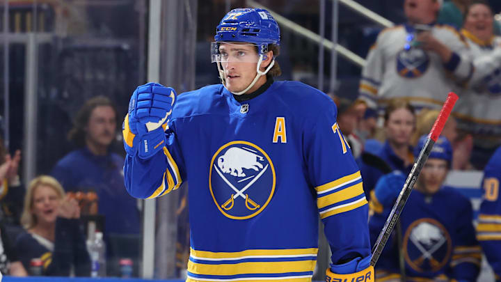 Sep 21, 2024; Buffalo, New York, USA;  Buffalo Sabres center Tage Thompson (72) reacts after scoring a goal during the second period against the Pittsburgh Penguins at KeyBank Center. Mandatory Credit: Timothy T. Ludwig-Imagn Images