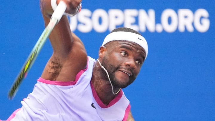 Aug 28, 2024; Flushing, NY, USA;  Frances Tiafoe (USA) hits to Alexander Shevchenko (KAZ) on day three of the 2024 U.S. Open tennis tournament at USTA Billie Jean King National Tennis Center. Mandatory Credit: Robert Deutsch-USA TODAY Sports