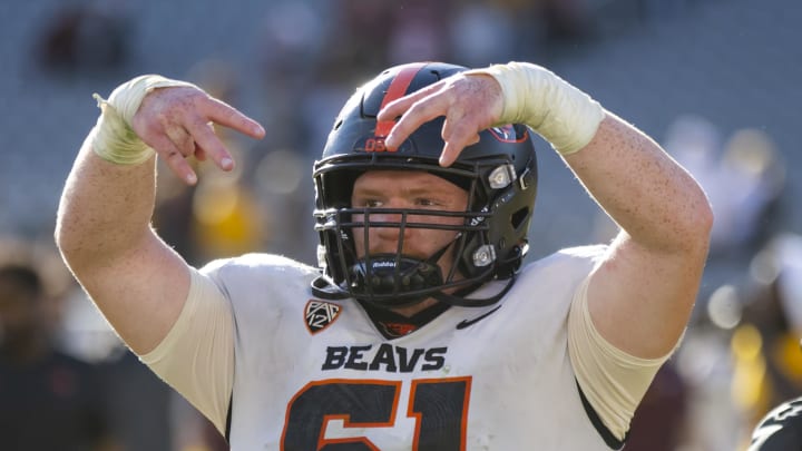 Nov 19, 2022; Tempe, Arizona, USA; Oregon State Beavers offensive lineman Tanner Miller (61) against the Arizona State Sun Devils at Sun Devil Stadium. Mandatory Credit: Mark J. Rebilas-USA TODAY Sports