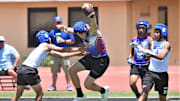 A Coleman player, near left, tries to avoid being tackled by a Stamford player after making an interception during a qualifying round game at the Abilene Division III 7-on-7 state qualifying tournament on Friday, June 10, 2022, at McMurry's Wilford Moore Stadium.

Diii 7on7 Sqt 019