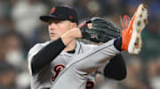 Oct 10, 2025; Seattle, Washington, USA; (Editors note: Alternate crop) Detroit Tigers starting pitcher Tarik Skubal (29) throws against the Seattle Mariners during the third inning during game five of the ALDS round for the 2025 MLB playoffs at T-Mobile Park. Mandatory Credit: Steven Bisig-Imagn Images
