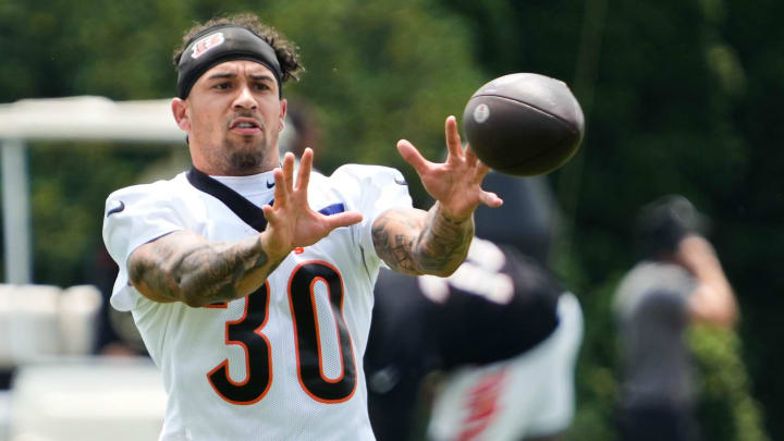 Bengals Chase Brown catches a pass during the second day of Bengals training camp on Thursday July 25, 2024.