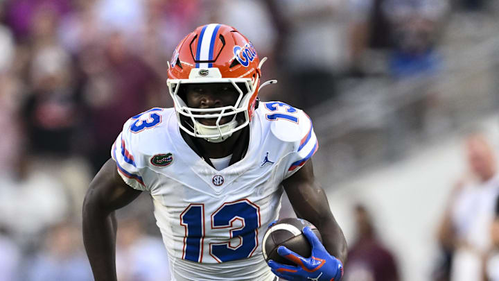 Oct 11, 2025; College Station, Texas, USA; Florida Gators running back Jadan Baugh (13) runs the ball during the first quarter against the Texas A&M Aggies at Kyle Field. Mandatory Credit: Maria Lysaker-Imagn Images 