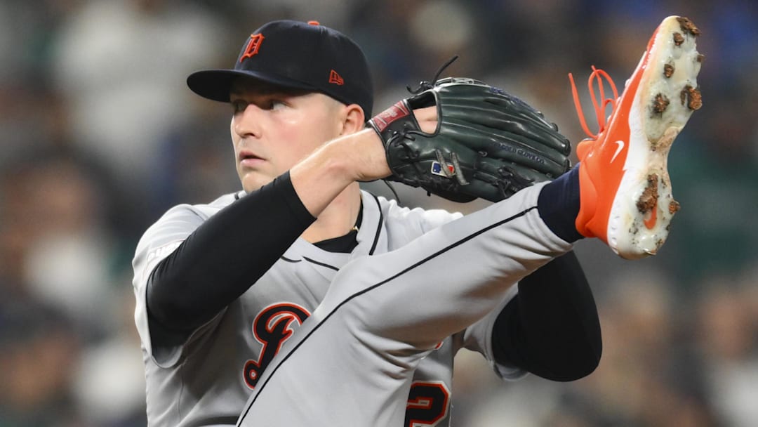Detroit Tigers starting pitcher Tarik Skubal (29) throws against the Seattle Mariners during the third inning during game five of the ALDS round for the 2025 MLB playoffs at T-Mobile Park.