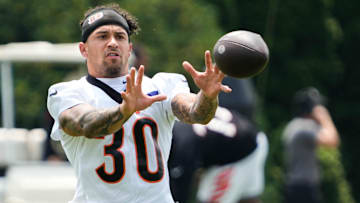 Bengals Chase Brown catches a pass during the second day of Bengals training camp on Thursday July 25, 2024.