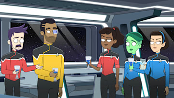 L-R: Jack Quaid as Boimler, Eugene Cordero as Rutherford, Tawny Newsome as Beckett Mariner, Noël Wells as D'Vana Tendi, and Gabrielle Ruiz as T'Lyn in season 5 of Lower Decks streaming on Paramount+, 2024. Photo Credit: Paramount+