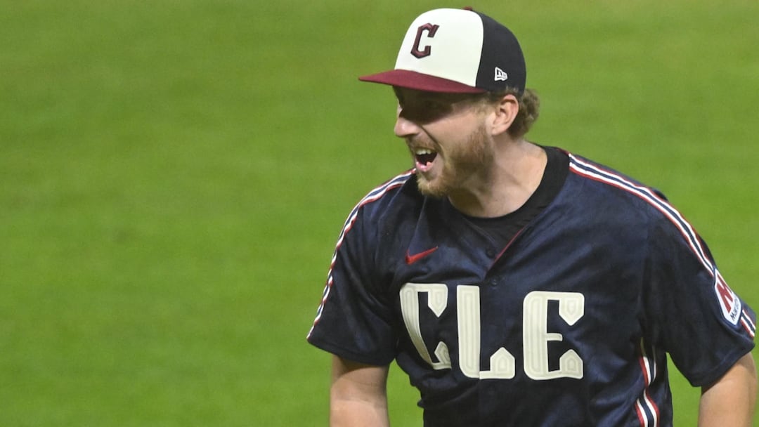 Sep 12, 2025; Cleveland, Ohio, USA; Cleveland Guardians starting pitcher Tanner Bibee (28) celebrates his complete game shutout win over the Chicago White Sox at Progressive Field. Mandatory Credit: David Richard-Imagn Images