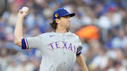 Aug 15, 2025; Toronto, Ontario, CAN; Texas Rangers starting pitcher Jacob deGrom (48) pitches to the Toronto Blue Jays during the first inning at Rogers Centre. 