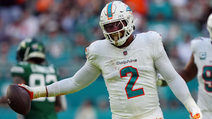 Dec 17, 2023; Miami Gardens, Florida, USA; Miami Dolphins linebacker Bradley Chubb (2) celebrates after recovering a fumble during the second half against the New York Jets at Hard Rock Stadium. Mandatory Credit: Jasen Vinlove-Imagn Images