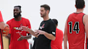 The Ville alumni team assistant coach and former U of L basketball player Luke Hancock conducts practice at the Kueber Center in Louisville, Ky. on July 18, 2023.