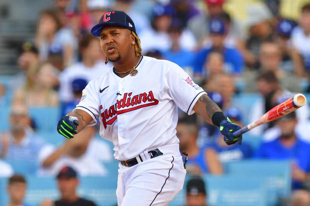 Jose Ramirez watches a ball he hit during the home run derby