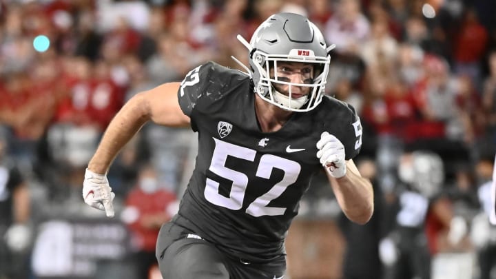 Oct 16, 2021; Pullman, Washington, USA; Washington State Cougars linebacker Kyle Thornton (52) runs down field against the Stanford Cardinal in the second half at Gesa Field at Martin Stadium. The Cougars won 34-31. Mandatory Credit: James Snook-USA TODAY Sports