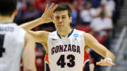 Mar 21, 2014; San Diego, CA, USA; Gonzaga Bulldogs guard/forward Drew Barham (43) reacts after a three point basket against the Oklahoma State Cowboys in the first half of a men's college basketball game during the second round of the 2014 NCAA Tournament at Viejas Arena. Mandatory Credit: Christopher Hanewinckel-USA TODAY Sports