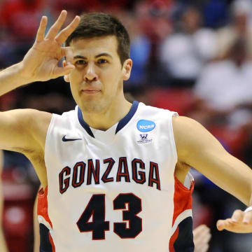 Mar 21, 2014; San Diego, CA, USA; Gonzaga Bulldogs guard/forward Drew Barham (43) reacts after a three point basket against the Oklahoma State Cowboys in the first half of a men's college basketball game during the second round of the 2014 NCAA Tournament at Viejas Arena. Mandatory Credit: Christopher Hanewinckel-USA TODAY Sports