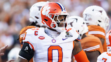 Dec 21, 2024; Austin, Texas, USA; Clemson Tigers linebacker Barrett Carter (0) against the Texas Longhorns during the CFP National playoff first round at Darrell K Royal-Texas Memorial Stadium. Mandatory Credit: Mark J. Rebilas-Imagn Images