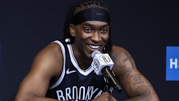 Sep 23, 2025; Brooklyn, NY, USA; Brooklyn Nets guard Terance Mann (14) speaks at Media Day. Mandatory Credit: Wendell Cruz-Imagn Images