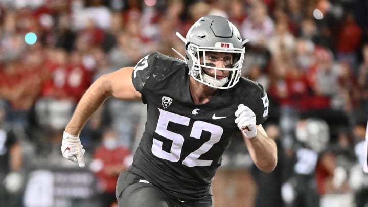 Oct 16, 2021; Pullman, Washington, USA; Washington State Cougars linebacker Kyle Thornton (52) runs down field against the Stanford Cardinal in the second half at Gesa Field at Martin Stadium. The Cougars won 34-31. Mandatory Credit: James Snook-USA TODAY Sports