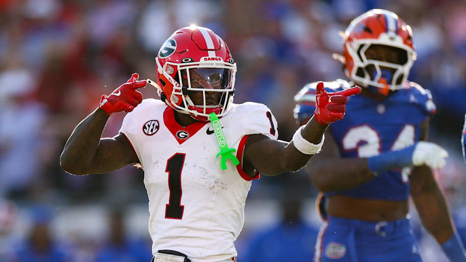 Georgia Bulldogs wide receiver Zachariah Branch (1) celebrates a catch in the second quarter against the Florida Gators 