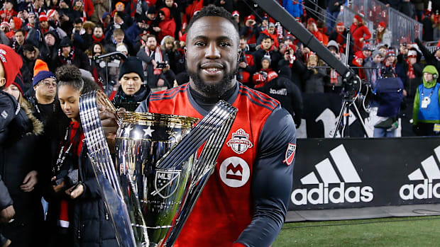 Toronto's Jozy Altidore lifts the MLS Cup in 2017.