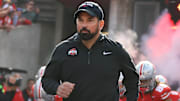 Oct 26, 2024; Columbus, Ohio, USA; Ohio State Buckeyes head coach Ryan Day looks on before the game against the Nebraska Cornhuskers at Ohio Stadium. Mandatory Credit: Joseph Maiorana-Imagn Images
