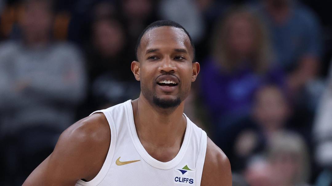 Mar 30, 2026; Salt Lake City, Utah, USA; Cleveland Cavaliers center Evan Mobley (4) reacts after a play against the Utah Jazz during the first half at Delta Center. Mandatory Credit: Rob Gray-Imagn Images