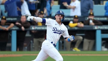 Oct 11, 2024; Los Angeles, California, USA; Los Angeles Dodgers third baseman Enrique Hernandez (8) runs after hitting a solo home run in the second inning against the San Diego Padres during game five of the NLDS for the 2024 MLB Playoffs at Dodger Stadium. Mandatory Credit: Kiyoshi Mio-Imagn Images
