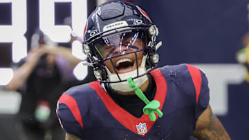Nov 5, 2023; Houston, Texas, USA; Houston Texans wide receiver Tank Dell (3) celebrates his touchdown reception against the Tampa Bay Buccaneers in the fourth quarter at NRG Stadium. Mandatory Credit: Thomas Shea-Imagn Images