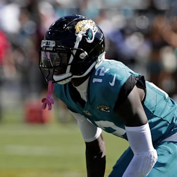 Oct 12, 2025; Jacksonville, Florida, USA; Jacksonville Jaguars wide receiver Travis Hunter (12) reacts after a play during the second half against the Seattle Seahawks at EverBank Stadium. Mandatory Credit: Travis Register-Imagn Images