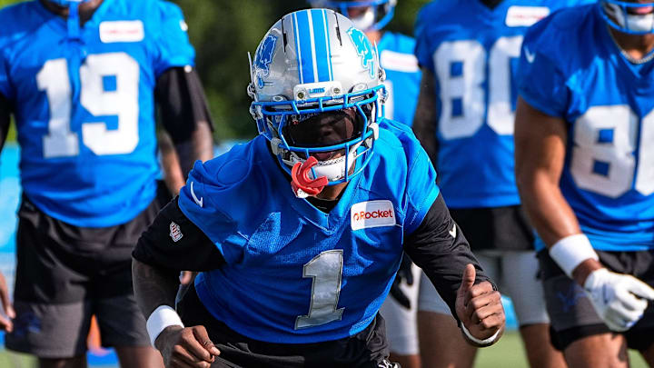 Detroit Lions wide receiver Jameson Williams (1) practices during training camp at team's Allen Park Performance Center