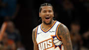 Nov 6, 2025; Phoenix, Arizona, USA; Phoenix Suns guard Jalen Green (4) celebrates against the Los Angeles Clippers at the Mortgage Matchup Center. Mandatory Credit: Mark J. Rebilas-Imagn Images