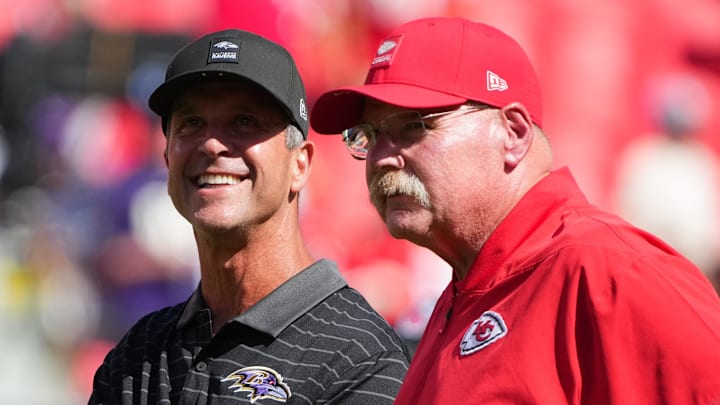 Sep 28, 2025; Kansas City, Missouri, USA;  Kansas City Chiefs Head Coach Andy Reid and Baltimore Ravens Head Coach John Harbaugh look on before the game at GEHA Field at Arrowhead Stadium. Mandatory Credit: Denny Medley-Imagn Images