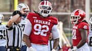 Indiana Hoosiers defensive lineman Marcus Burris Jr. celebrates after a sack against the Florida International Panthers.