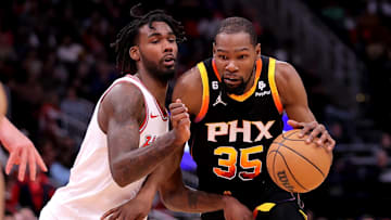 Dec 27, 2023; Houston, Texas, USA; Phoenix Suns forward Kevin Durant (35) drives to the basket against Houston Rockets forward Tari Eason (17) during the game at Toyota Center. Mandatory Credit: Erik Williams-Imagn Images