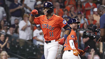 Apr 18, 2025; Houston, Texas, USA; Houston Astros right fielder Cam Smith (11) celebrates after hitting a home run during the fourth inning against the San Diego Padres at Daikin Park. Mandatory Credit: Troy Taormina-Imagn Images