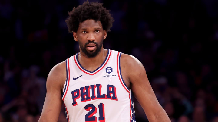 Philadelphia 76ers center Joel Embiid (21) reacts during overtime in game 5 of the first round of the 2024 NBA playoffs against the New York Knicks at Madison Square Garden.