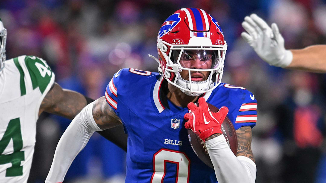 Jan 4, 2026; Orchard Park, New York, USA; Buffalo Bills wide receiver Keon Coleman (0) runs after making a catch against the New York Jets in the third quarter at Highmark Stadium.